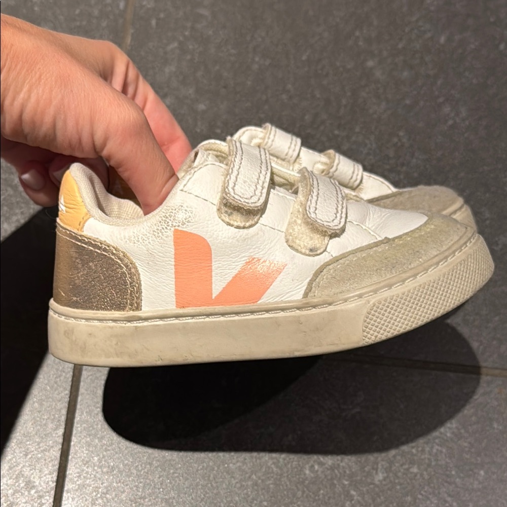 Veja Kids White and Gold Sneakers with Peachy Accent